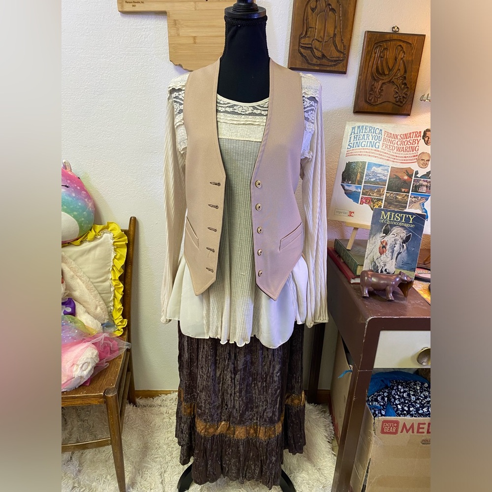 Curated Outfit Brown Boho Chic Western Midi Crinkle Velour Skirt 10P Vest + Top - Picture 7 of 16